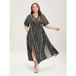 Bloomchic Dress Womens 3X Black Chevron Maxi V Neck 3/4 Bell Sleeve Boho NWT